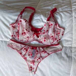 Adore Me Red and White Heart Lace Bra Set